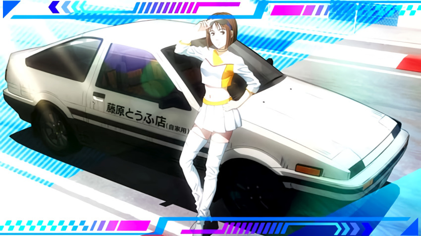 1girl ae86 alternate_costume belly blunt_bangs bob_cut breasts brown_eyes brown_hair car cosplay costume crop_top fujiwara_takumi&#039;s_toyota_trueno_ae86 high_boots high_heels highres initial_d lipstick makeup medium_breasts midriff mogi_natsuki motor_vehicle official_art race_queen race_track race_vehicle racecar racetrack short_hair skirt sunglasses thighs toyota toyota_sprinter_trueno vehicle