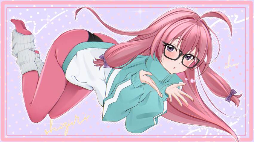 1girl ahoge ass black-framed_eyewear blush bodysuit bow character_name end_card glasses green_jacket grey_leg_warmers hair_bow highres ideura_shizuri_(neet_kunoichi) jacket leg_warmers long_hair long_sleeves looking_at_viewer multicolored_jacket neet_de_otaku_na_kunoichi_to_naze_ka_dousei_hajimemashita official_art open_mouth pink_bodysuit purple_bow purple_eyes solo two-tone_jacket uiri-na very_long_hair white_jacket