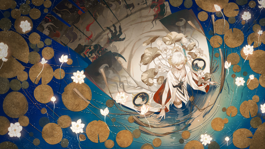 1boy bishounen character_request chinese_clothes closed_mouth collarbone commentary_request earrings flower from_above highres jewelry lily_pad male_focus onmyoji ripples robe short_hair thighlet tsubonari wading white_flower white_hair white_robe