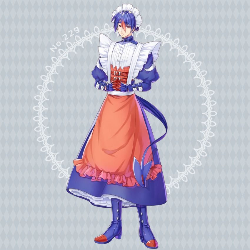 1boy alternate_color apron arm_belt belt belt_collar blue_dress blue_footwear blue_gloves collar creatures_(company) crossdressing dress earrings full_body game_freak gen_3_pokemon gloves grey_background hair_between_eyes highres jewelry kasuka108 looking_at_viewer maid maid_headdress male_focus nintendo personification pokemon puffy_sleeves red_apron red_eyes shiny_pokemon simple_background standing swellow tail thick_eyebrows