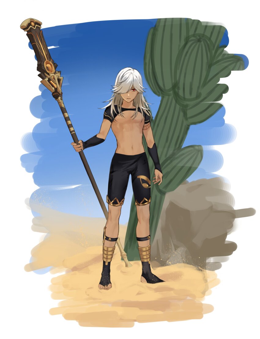 1boy absurdres arm_tattoo black_footwear black_pants black_shirt cactus crop_top cyno_(genshin_impact) dark-skinned_male dark_skin genshin_impact hair_between_eyes hair_over_one_eye highres holding holding_polearm holding_weapon long_hair male_focus navel pants polearm ra_gi_ren shirt solo stomach tattoo weapon white_hair