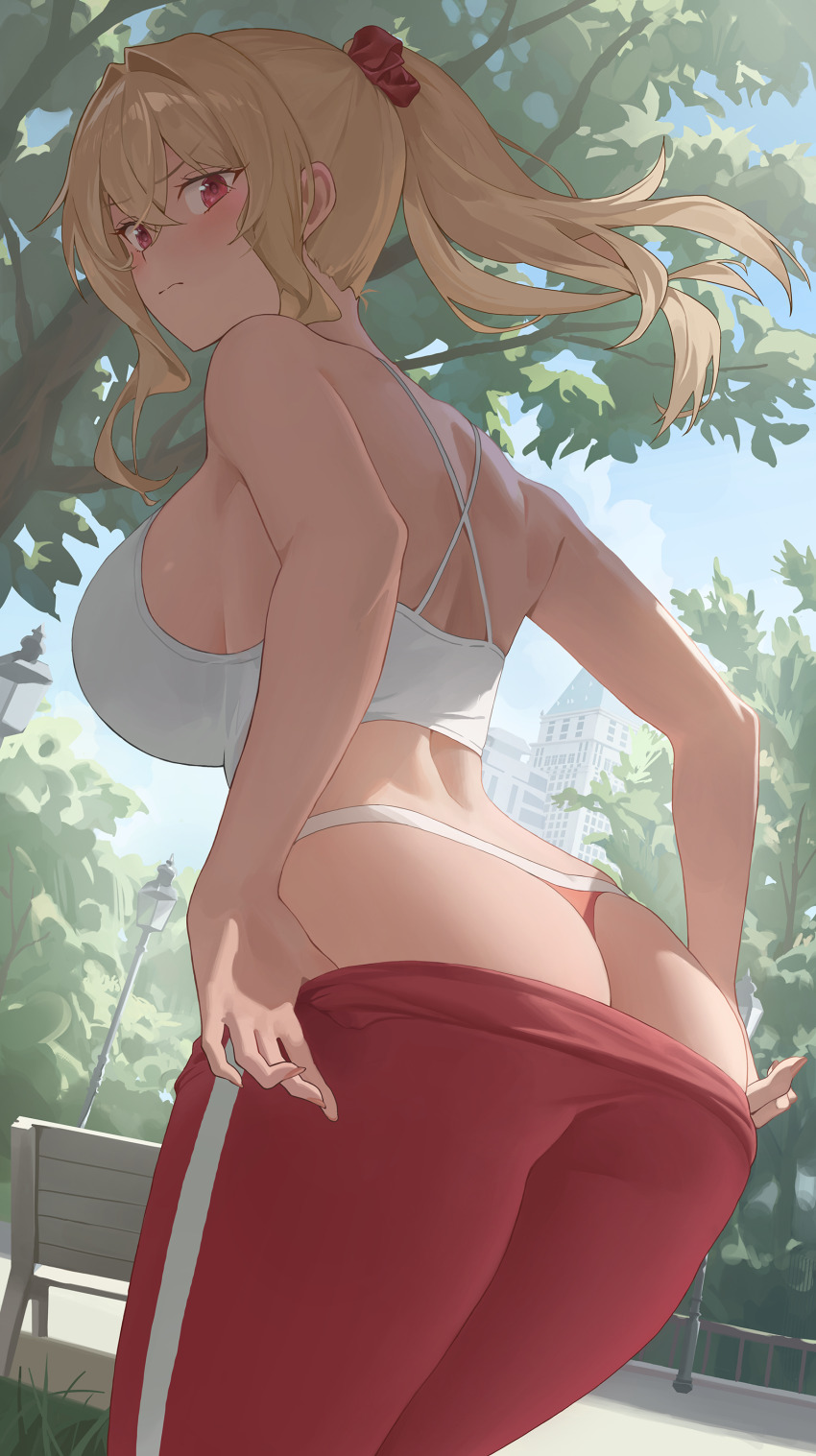 1girl absurdres alternate_costume ass bench blonde_hair blue_sky breasts closed_mouth clothes_pull cloud commentary commentary_request crop_top day from_behind hair_intakes highres large_breasts looking_at_viewer original outdoors pants pants_pull park_bench ponytail red_eyes red_pants revision sejin sideboob sidelocks sky solo standing tree yoga_pants