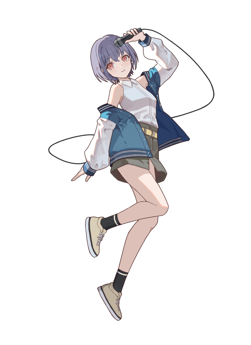 1girl bang_dream! bang_dream!_it&#039;s_mygo!!!!! belt black_socks blue_jacket breasts brown_eyes brown_footwear cable chinese_commentary collared_shirt commentary_request dress_shirt full_body grey_hair grey_skirt highres holding holding_microphone jacket long_sleeves medium_breasts microphone off_shoulder open_clothes open_jacket open_mouth shirt short_hair simple_background skirt sleeveless sleeveless_shirt socks solo takamatsu_tomori white_background white_shirt xukong yellow_belt