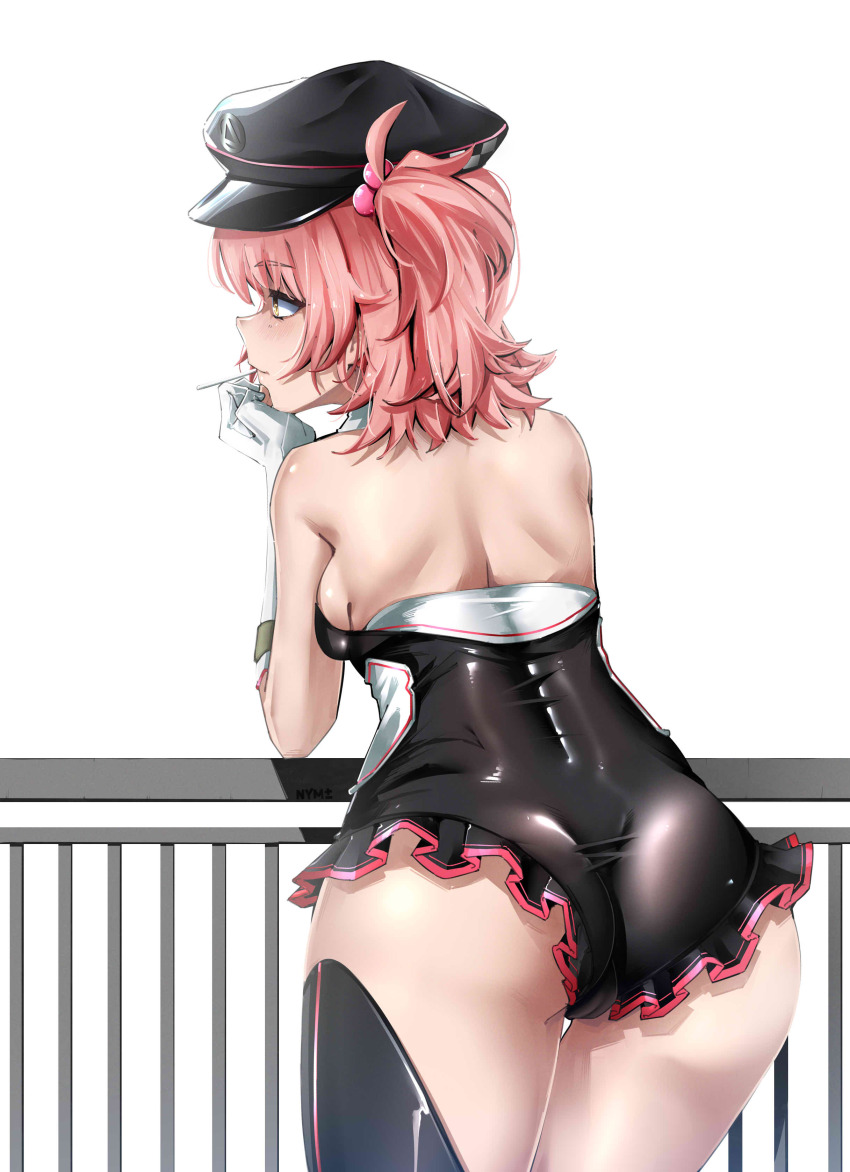 1girl absurdres ass back bare_shoulders black_hat black_leotard breasts candy cheeta_(girls&#039;_frontline_2) cheeta_(sparks_on_the_circuit)_(girls&#039;_frontline_2) closed_mouth commentary food food_in_mouth frilled_leotard frills from_behind girls&#039;_frontline girls&#039;_frontline_2:_exilium hair_ornament hat highres leotard lollipop mp7_(girls&#039;_frontline) nym+_(nymplus) official_alternate_costume one_side_up peaked_cap pink_hair railing simple_background solo symbol-only_commentary white_background yellow_eyes