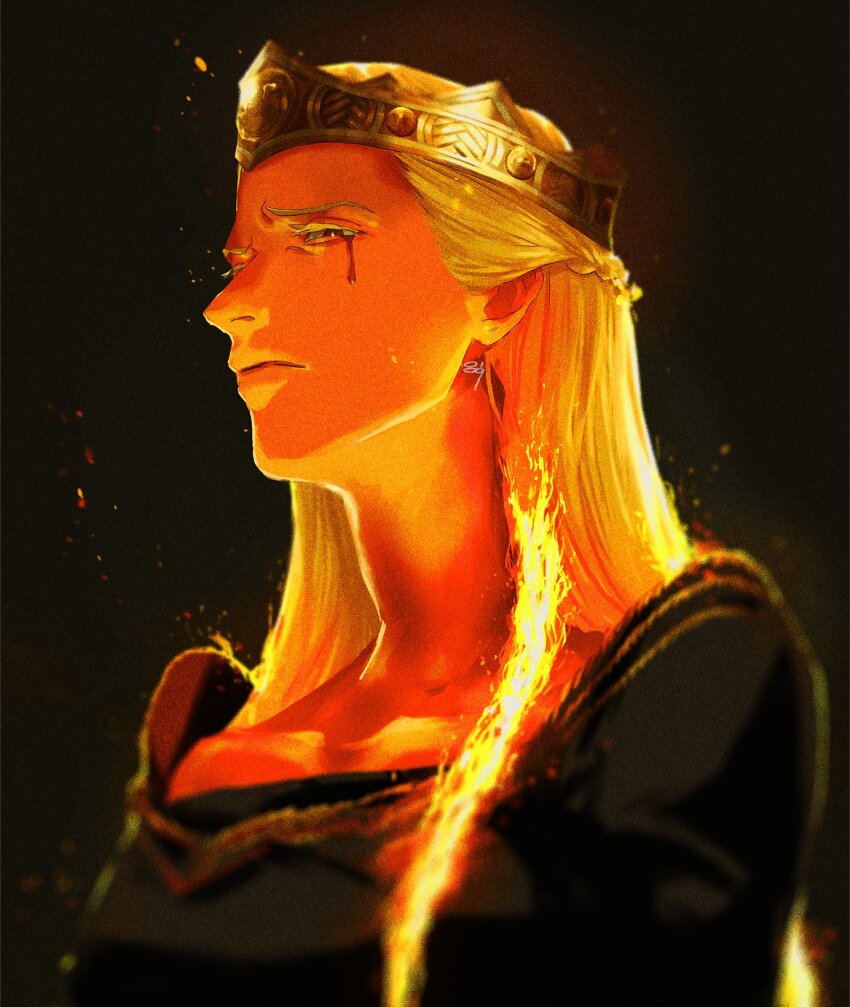 0109_(artist) 1girl a_song_of_ice_and_fire black_background black_dress blonde_hair blood crown crying crying_with_eyes_open dress fire highres house_of_the_dragon long_hair looking_at_viewer purple_eyes rhaenyra_targaryen simple_background solo tears upper_body white_hair