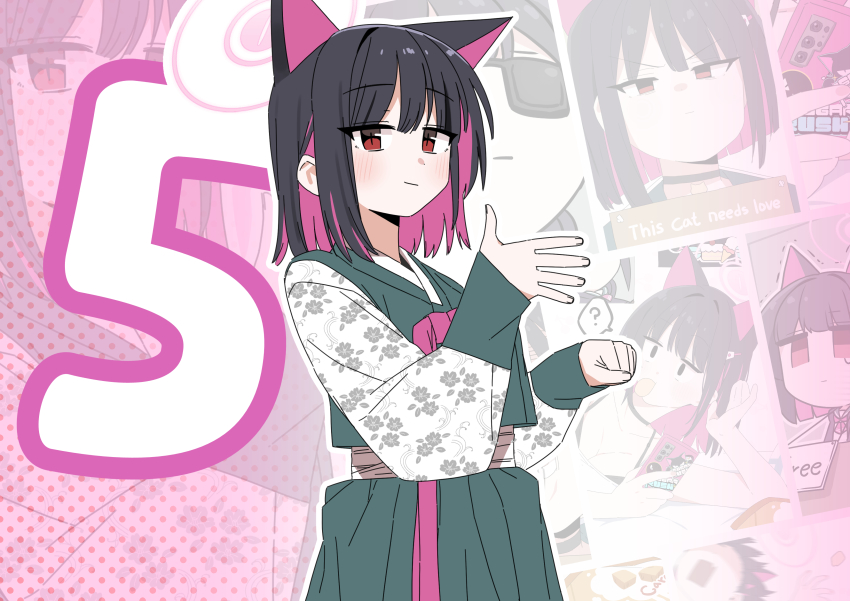 1girl 2025 absurdres animal_ears b.t._(boob_tong) black_hair blue_archive breasts cat_ears dress finger_counting green_hanbok hanbok highres kazusa_(blue_archive) korean_clothes light_blush medium_hair red_eyes sleeves_past_wrists small_breasts sweatdrop thumbnail_collage twintails