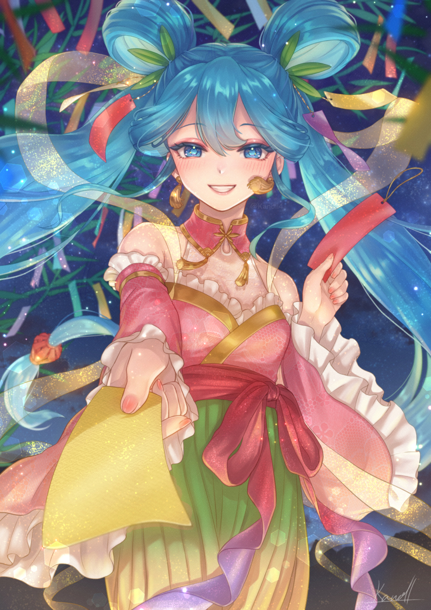 1girl artist_name blue_eyes blue_hair blurry chinese_clothes commentary_request depth_of_field detached_sleeves double_bun earrings eyeshadow floating_clothes hair_bun hair_ornament hatsune_miku highres holding holding_tanzaku jewelry kanoll_(user_wjyd3282) lantern long_hair looking_at_viewer makeup nail_polish night night_sky paper_lantern pink_eyeshadow pink_nails qixi_festival sash signature sky smile solo star_(sky) starry_sky tanabata tanzaku teeth twintails very_long_hair vocaloid