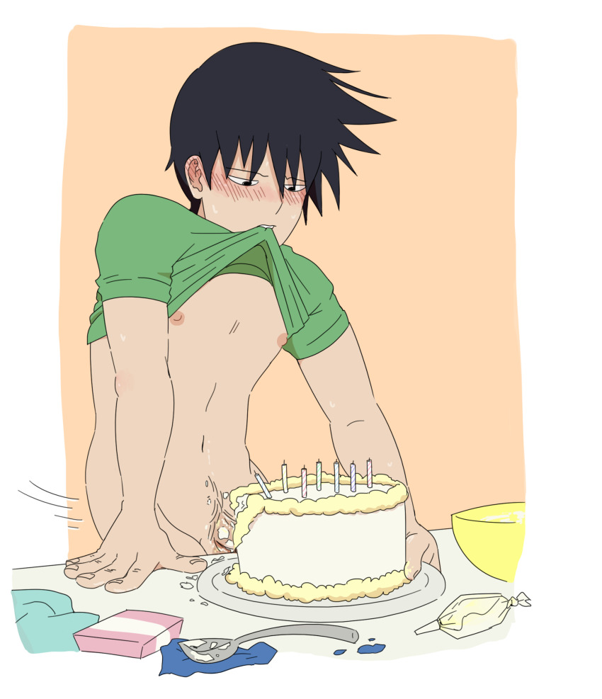 1boy aged_up birthday_cake black_hair blush bowl cake candle food highres homunculus100 kageyama_ritsu male_focus mob_psycho_100 nipples plate pubic_hair shirt solo spoon sweat table