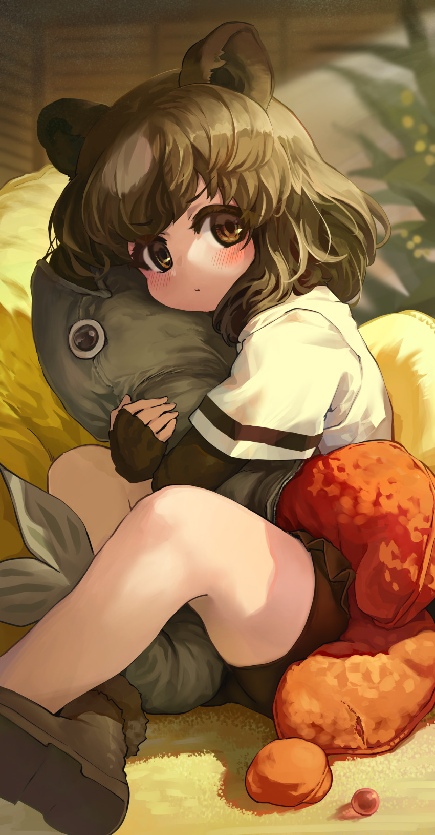 1girl absurdres animal_ears bear_ears bike_shorts_under_skirt black_hair blurry blurry_background brown_bear_(kemono_friends) brown_eyes closed_mouth colored_inner_hair contemporary elbow_gloves fingerless_gloves gloves grey_hair highres hugging_doll hugging_object indoors kemono_friends leg_lock looking_at_viewer marble_(toy) medium_hair melaton microskirt multicolored_hair pout shirt short_sleeves sitting skirt solo stuffed_animal stuffed_toy two-tone_hair v-shaped_eyebrows