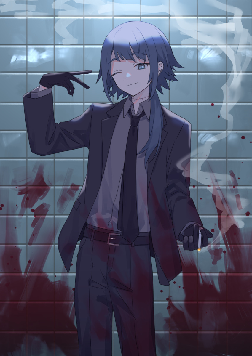 1girl ;) belt belt_buckle between_fingers black_belt black_gloves black_jacket black_necktie black_pants blood blood_splatter blue_eyes blue_hair buckle cigarette collared_shirt dress_shirt formal_clothes gloves grey_shirt hand_up hatoichi_reno highres holding holding_cigarette jacket necktie one_eye_closed open_clothes open_jacket original pant_suit pants shirt smile smoke solo standing stitches suit tile_wall tiles