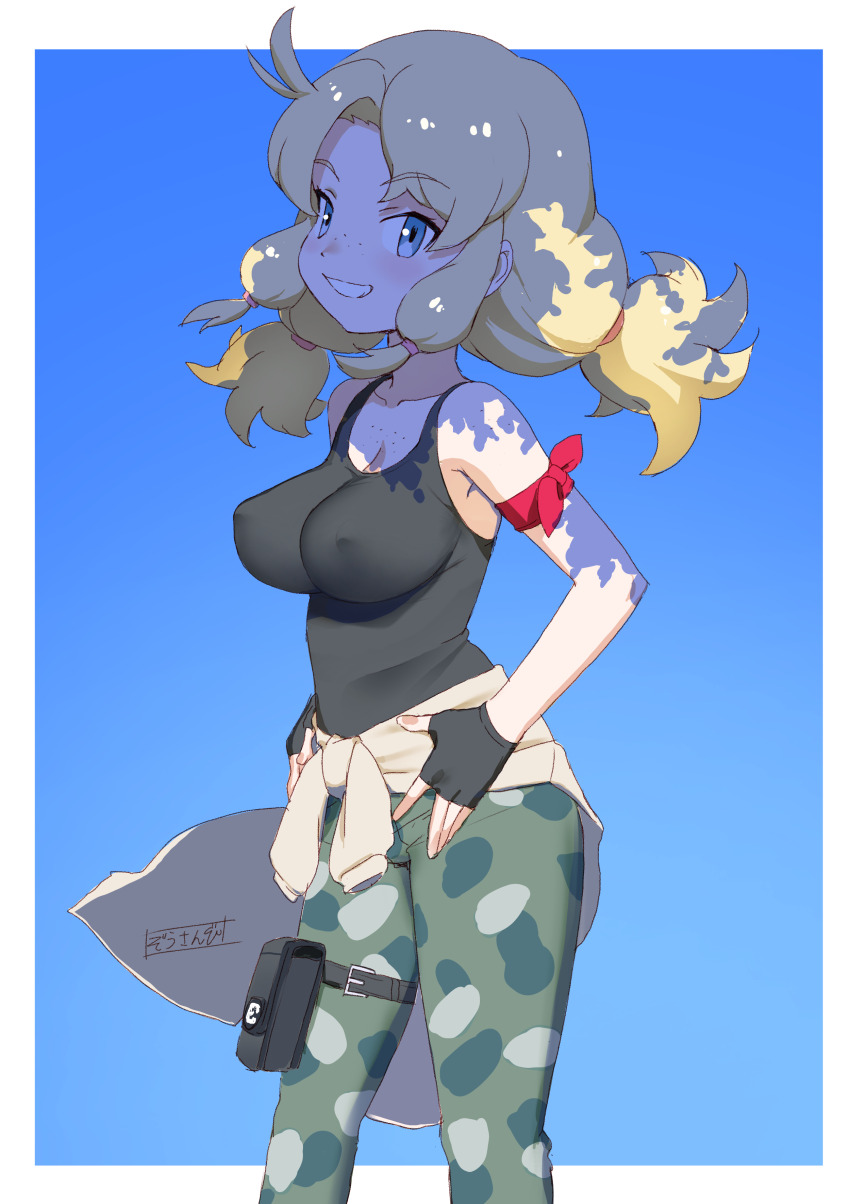 1girl absurdres armband bare_shoulders black_gloves black_tank_top blonde_hair blue_background blue_eyes body_freckles breasts calenda_(kemono_friends) camouflage camouflage_pants clothes_around_waist collarbone commentary covered_erect_nipples fingerless_gloves freckles gloves grin hands_on_own_hips highres jacket jacket_around_waist kemono_friends large_breasts long_hair looking_at_viewer low_twintails masuyama_ryou pants pouch sidelocks simple_background smile solo tank_top thigh_pouch tree_shade twintails