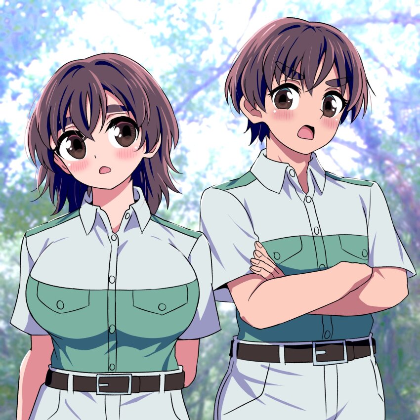 1boy 1girl belt blush breast_pocket breasts brother_and_sister brown_eyes brown_hair captain_(kemono_friends) cargo_shorts commentary crossed_arms frown highres huge_breasts kemono_friends kemono_friends_3 looking_at_another mamiyama outdoors pocket shirt short_hair shorts siblings thick_eyebrows