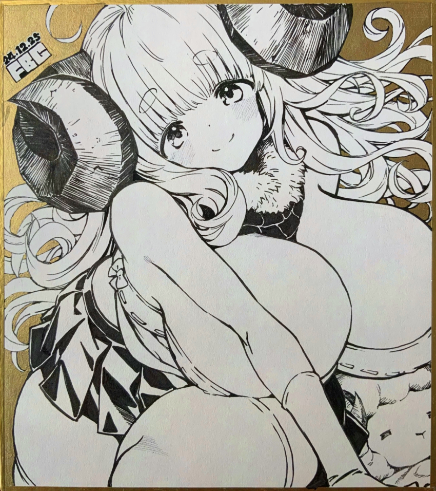 1girl ahoge all_fours anila_(granblue_fantasy) blush breasts cleavage fbc granblue_fantasy highres horns huge_breasts long_hair monochrome pleated_skirt shikishi skirt smile solo thick_eyebrows thighhighs traditional_media