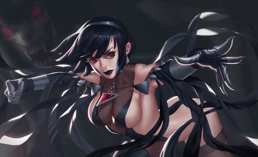 bad_id bad_pixiv_id black_eyes black_gloves black_hair black_lips black_thighhighs breasts cleavage clenched_hand earrings futoshi_(tekidai) gloves hairband jewelry large_breasts leaning_forward lipstick looking_at_viewer makeup midriff monster open_hand open_mouth original red_eyes see-through_clothes solo standing thighhighs