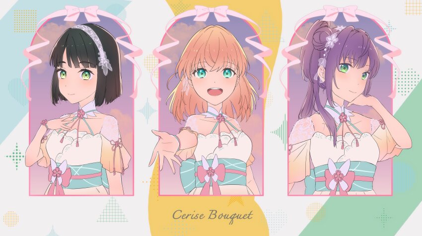 3girls 3rd_live_tour_try_tri_unity!!! :d aqua_eyes black_hair blunt_bangs blunt_ends blush bow breasts cerise_bouquet closed_mouth collarbone column_lineup commentary_request crossed_bangs dress green_eyes green_sash group_name hair_bun hair_ornament hand_on_own_chest highres hinoshita_kaho lace_dress link!_like!_love_live! long_hair looking_at_viewer love_live! medium_breasts medium_hair momose_ginko multiple_girls offering_hand official_alternate_costume open_mouth orange_hair otomune_kozue pink_bow pink_ribbon purple_hair rabbit_hair_ornament ribbon sash sen_yousoro short_hair side_ponytail sidelocks single_side_bun smile split_mouth teeth two_side_up upper_teeth_only virtual_youtuber white_dress