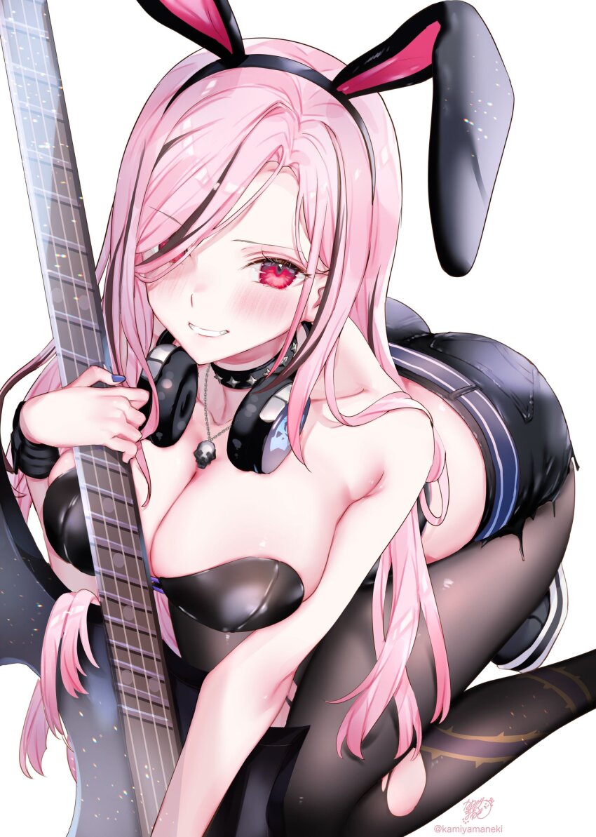 1girl absurdres animal_ears bass_guitar belt black_choker black_corset black_hair black_tube_top breasts choker cleavage corset fake_animal_ears guitar_strap hair_over_one_eye headphones headphones_around_neck highres holding holding_bass_guitar holding_instrument holding_plectrum hololive hololive_english instrument jewelry kamiya_maneki large_breasts leggings mori_calliope mori_calliope_(9th_costume) multicolored_hair music necklace official_alternate_costume pantyhose pink_hair playing_instrument plectrum purple_belt purple_nails red_eyes skull_necklace skull_ornament smile solo strapless streaked_hair torn_clothes torn_leggings torn_pantyhose tube_top virtual_youtuber