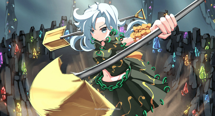 1girl arm_ribbon arm_strap back_bow blue_eyes blue_hair bow chain gem gold green_shirt green_skirt highres himemushi_momoyo holding holding_pickaxe holding_shovel jewelry long_hair messy_hair midriff navel orange_bow orange_ribbon patterned_clothing pickaxe ribbon ring sachisudesu shirt short_sleeves shovel skirt skirt_set touhou unconnected_marketeers