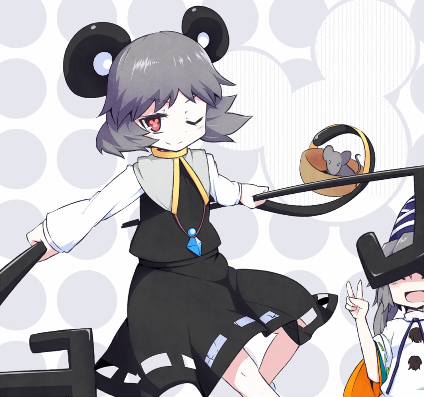 2girls aho animal animal_ears basket capelet closed_eyes dowsing_rod dual_wielding female_focus grey_hair hat holding japanese_clothes jewelry kariginu long_sleeves mononobe_no_futo mouse_(animal) mouse_ears mouse_tail multiple_girls nazrin one_eye_closed open_mouth pendant red_eyes short_hair smile symbol-shaped_pupils tail tate_eboshi touhou wide_sleeves wink