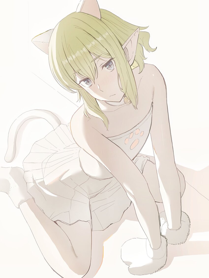 1girl alternate_costume animal_ears bare_shoulders bell blue_eyes blush breasts cat_ears cat_girl cat_tail closed_mouth commentary_request dungeon_ni_deai_wo_motomeru_no_wa_machigatteiru_darou_ka elf fake_animal_ears fake_tail from_above green_hair highres looking_at_viewer medium_breasts mittens neck_bell niceumeboshi pointy_ears ryu_lion short_hair sitting solo tail wariza