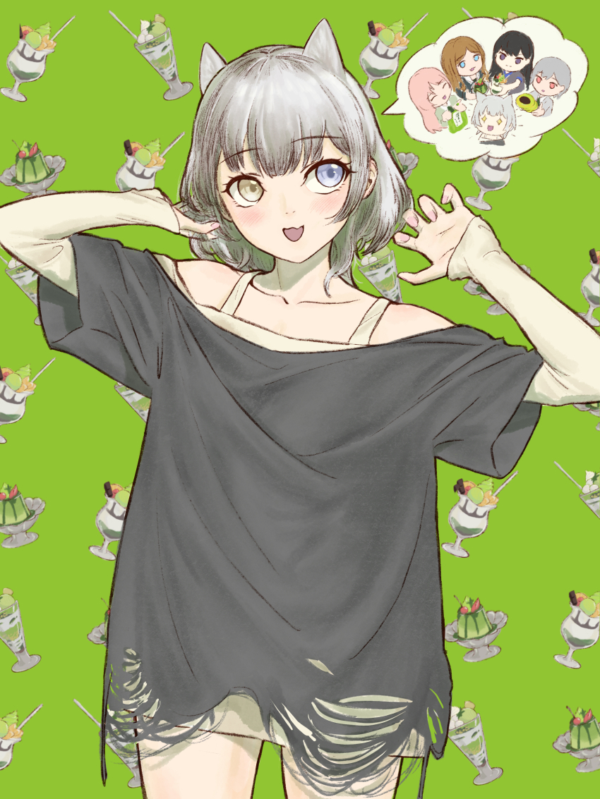 absurdres animal_ears bang_dream! bang_dream!_it&#039;s_mygo!!!!! black_shirt blue_eyes cat_ears dessert food green_background heterochromia highres kaname_raana mygo!!!!!_(bang_dream!) shirt short_hair shorts speech_bubble thought_bubble tororo_kafka yellow_eyes