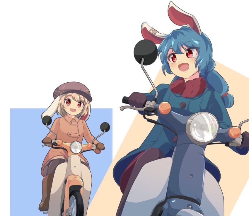 2girls adapted_costume black_pantyhose blonde_hair blue_coat blue_hair boots brown_footwear cabbie_hat coat commentary_request flat_cap hansode32 happy hat highres motor_vehicle motorcycle multiple_girls on_motorcycle open_mouth orange_coat pantyhose red_eyes ringo_(touhou) scooter seiran_(touhou) simple_background touhou