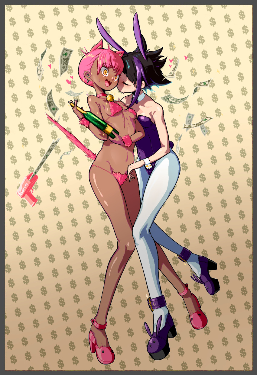 2girls black_hair blush breasts playboy_bunny eyebrows closed_eyes heart highres kiss liline_(liline_01) multiple_girls open_mouth original pink_hair short_hair yellow_eyes yuri