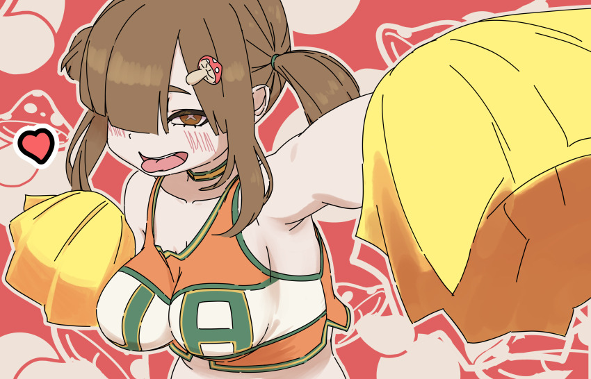 1girl absurdres boku_no_hero_academia breasts brown_eyes cheerleader choker food-themed_hair_ornament hair_ornament hair_over_one_eye heart highres holding holding_pom_poms jaguarsee komori_kinoko medium_breasts mushroom_hair_ornament open_mouth orange_shirt pom_pom_(cheerleading) pom_poms red_background shirt short_hair_with_long_locks short_twintails sidelocks skirt solo tongue tongue_out twintails u.a._cheerleader_uniform upper_body