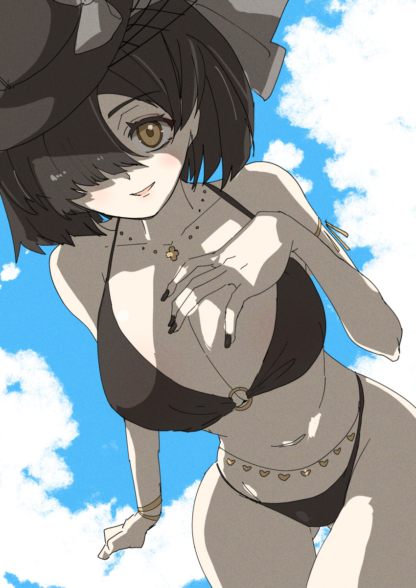 1girl :d bare_arms bikini black_bikini black_hat black_nails blue_sky breasts cleavage cloud cowboy_shot from_below gluteal_fold hair_over_one_eye hand_on_own_chest hat highres jewelry large_breasts leaning_forward nail_polish navel necklace necrologist o-ring o-ring_bikini one_eye_covered open_mouth parted_lips reverse:1999 short_hair sky smile solo swimsuit yellow_eyes ziyunshanding