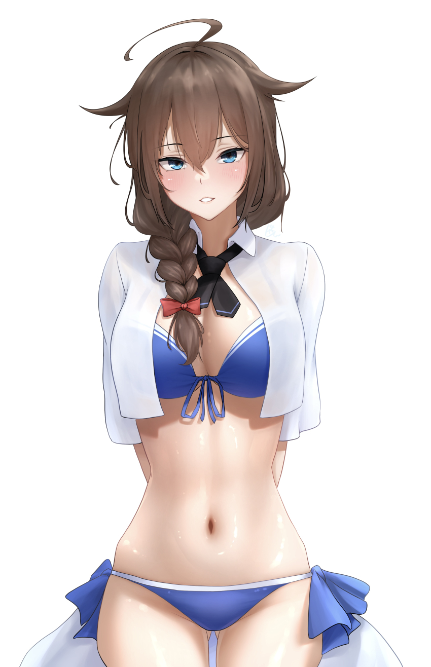 1girl absurdres bikini blue_bikini blue_eyes braid breasts brown_hair brown_hat cowboy_shot front-tie_bikini_top front-tie_top gluteal_fold hair_between_eyes hair_flaps hair_over_shoulder hat highres kantai_collection large_breasts long_hair navel official_alternate_costume open_clothes open_shirt shigure_(kancolle) shigure_kai_san_(kancolle) shigure_kai_san_(swimsuit)_(kancolle) shirt shushan side-tie_bikini_bottom simple_background single_braid solo standing swimsuit textless_version white_background white_shirt