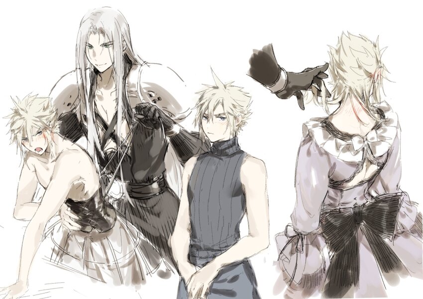 2boys angry armor back_bow bare_shoulders belt black_bow black_coat black_gloves black_ribbon blonde_hair blue_eyes blush bow bracer bustle cloud_strife cloud_strife_(ball_gown) coat corset crossdressing dress final_fantasy final_fantasy_vii frilled_dress frills gloves grey_hair high_collar highres long_bangs long_coat long_hair long_sleeves lydiaaa male_focus multiple_belts multiple_boys neck_blush open_clothes open_coat pants parted_bangs pauldrons puffy_dress puffy_long_sleeves puffy_sleeves purple_dress ribbon sephiroth short_hair shoulder_armor sleeveless sleeveless_turtleneck smirk turtleneck white_bow