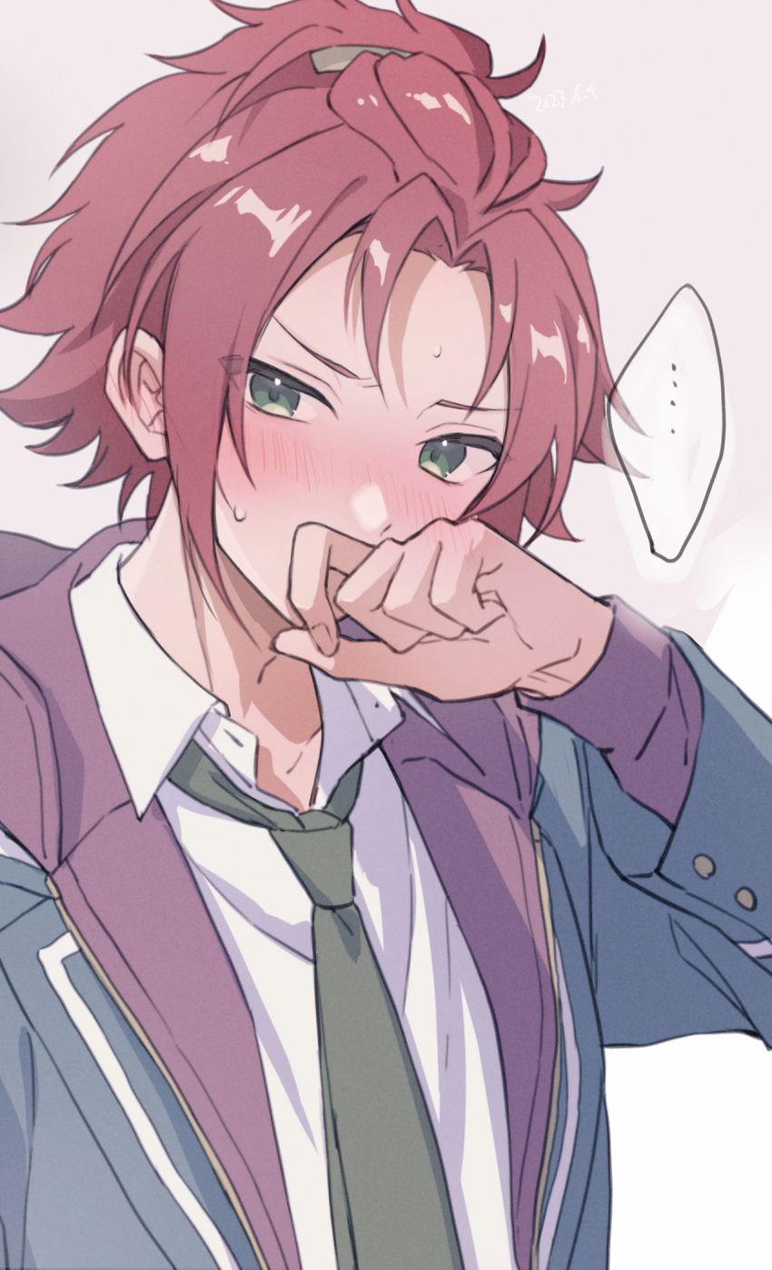 ... 1boy bishounen blazer blush collared_shirt covering_own_mouth curtained_hair ensemble_stars! flipped_hair furrowed_brow green_eyes green_necktie hand_up highres hood hoodie isara_mao jacket layered_clothes layered_sleeves looking_to_the_side male_focus middle_part necktie nervous_sweating nose_blush open_clothes open_collar open_hoodie open_jacket red_hair red_hoodie reijiro school_uniform shirt sideways_glance spoken_ellipsis sweat three_quarter_view upper_body white_shirt wing_collar yumenosaki_school_uniform