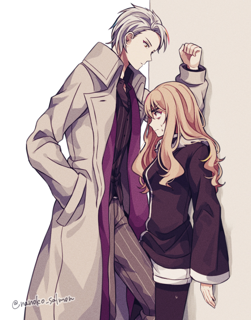 1boy 1girl black_cardigan black_pantyhose black_shirt cardigan coat dress_shirt from_side grey_coat grey_hair grey_pants hand_in_pocket height_difference highres higyaku_no_noel kabedon leg_between_thighs light_brown_hair long_hair long_sleeves nanoko noel_cerquetti open_clothes open_coat oscar_dressel pants pantyhose pantyhose_under_shorts profile shirt short_hair short_shorts shorts straight_hair striped_clothes striped_pants striped_shirt sweatdrop white_background white_shorts