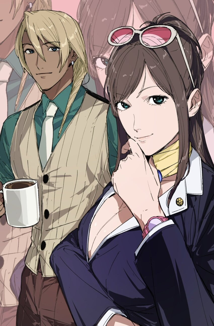 1boy 1girl ace_attorney alternate_breast_size amikoiiko apollo_justice:_ace_attorney arm_under_breasts badge beige_waistcoat black_waistcoat blonde_hair blue_eyes blue_magatama breasts brown_hair brown_pants cleavage closed_mouth coffee coffee_mug collared_shirt cosplay cowboy_shot cup dark-skinned_male dark_skin dress_shirt drill_hair earrings ema_skye eyewear_on_head fingernails glasses godot_(ace_attorney) godot_(ace_attorney)_(cosplay) green_eyes green_shirt hand_on_own_chin highres holding huge_breasts jacket jewelry klavier_gavin lapel_pin lapels light_smile long_hair long_sleeves looking_at_viewer looking_to_the_side magatama magatama_necklace mia_fey mia_fey_(cosplay) mug necklace necktie notched_lapels pants phoenix_wright:_ace_attorney_-_trials_and_tribulations pink_background pink_wrist_cuffs pleated_pants ponytail ribbed_waistcoat scarf shirt short_hair simple_background single_earring smile suit_jacket sunglasses two-tone_waistcoat upper_body vest waistcoat watch white_necktie white_shirt wrist_cuffs wristwatch yellow_scarf zoom_layer