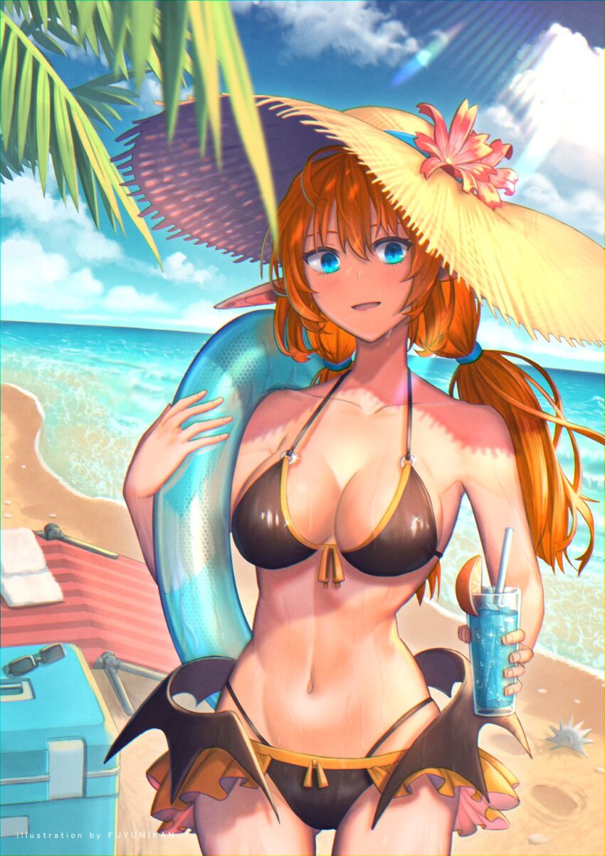 1girl artist_name beach bikini black_bikini blue_eyes breasts cleavage cowboy_shot day drink english_text hat highres holding holding_drink horizon long_hair low_wings medium_breasts nagi_itsuki navel ocean open_mouth orange_hair original pointy_ears sand sky solo standing swimsuit twintails wings