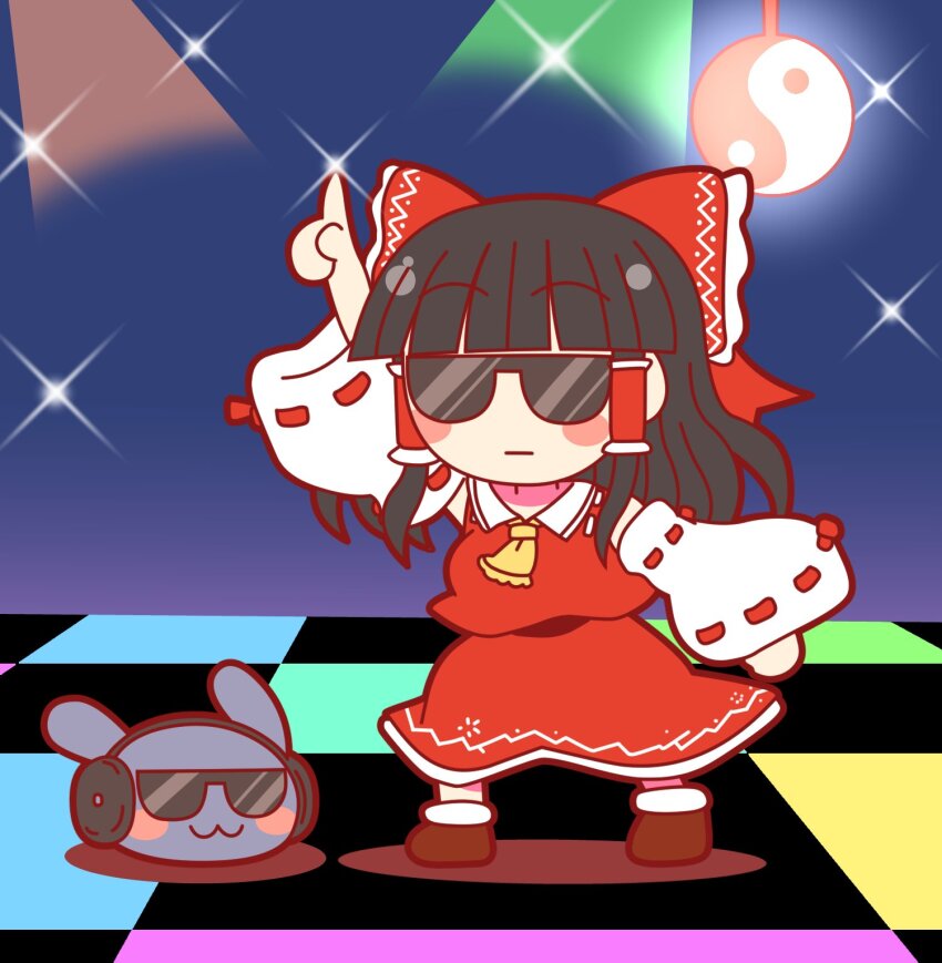 1girl arm_up ascot black_hair blunt_bangs blush_stickers bow brown_footwear closed_mouth collared_shirt commentary_request dance_floor detached_sleeves expressionless flat_color frilled_bow frilled_hair_tubes frills full_body hair_bow hair_tubes hakurei_reimu headphones highres long_hair pointing pointing_up rabbit red_bow red_shirt red_skirt ribbon-trimmed_sleeves ribbon_trim rokugou_daisuke shirt shoes sidelocks skirt skirt_set sleeveless sleeveless_shirt socks sparkle sunglasses touhou white_sleeves white_socks yellow_ascot yin_yang