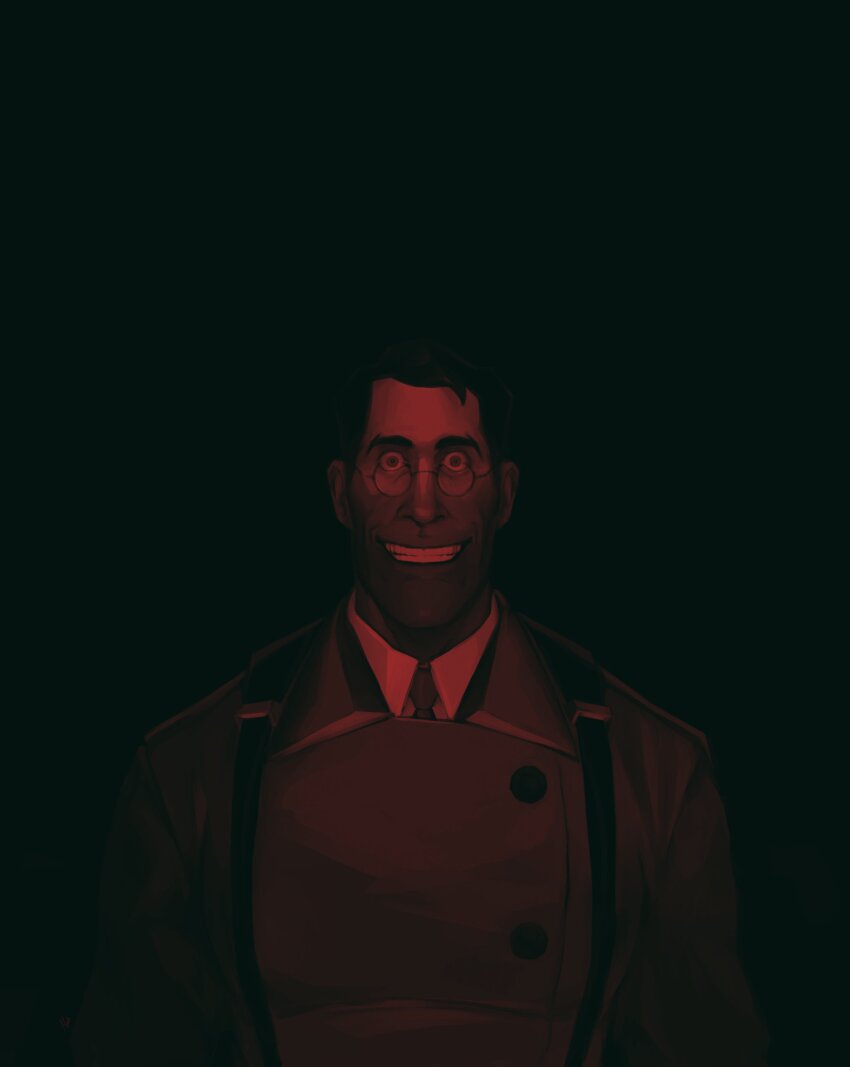 absurdres black_hair coat collared_shirt crazy crazy_eyes crazy_smile dark glasses highres horror_(theme) male_focus medic_(tf2) necktie red_necktie round_eyewear shirt short_hair smile solo source_filmmaker_(medium) suspenders team_fortress_2 virtuellesterne white_coat white_shirt