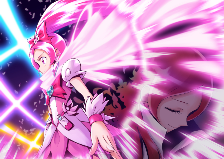 2girls bow brooch cape closed_eyes closed_mouth commentary_request cure_blossom cure_blossom_mirage hair_bow hanasaki_tsubomi heart heart_brooch heartcatch_precure! highres itou_shin&#039;ichi jewelry long_hair looking_away magical_girl multiple_girls pink_cape pink_eyes pink_hair ponytail precure red_bow smile wrist_cuffs