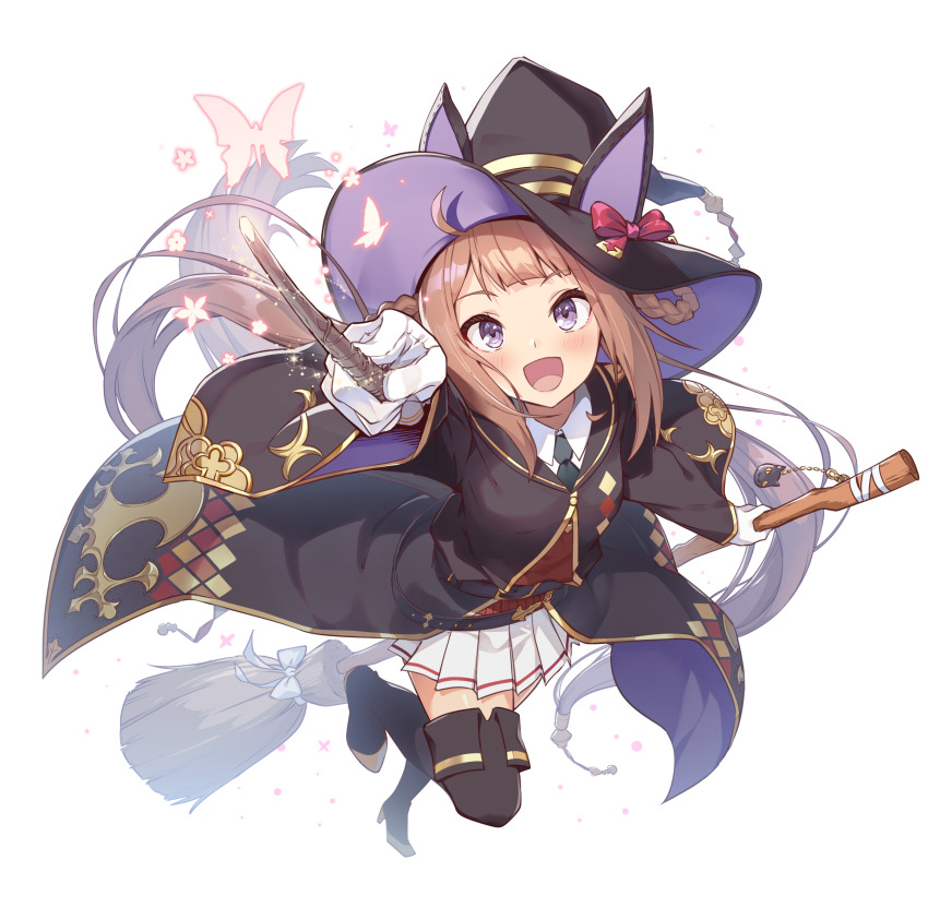 1girl animal_ears belt black_belt black_footwear black_hat black_robe blush boots broom brown_hair gloves hair_rings hat highres holding holding_broom horse_ears horse_girl long_hair long_sleeves looking_at_viewer nueco open_mouth pleated_skirt purple_eyes robe skirt smile solo sweep_tosho_(umamusume) thigh_boots transparent_background umamusume white_gloves white_skirt witch_hat