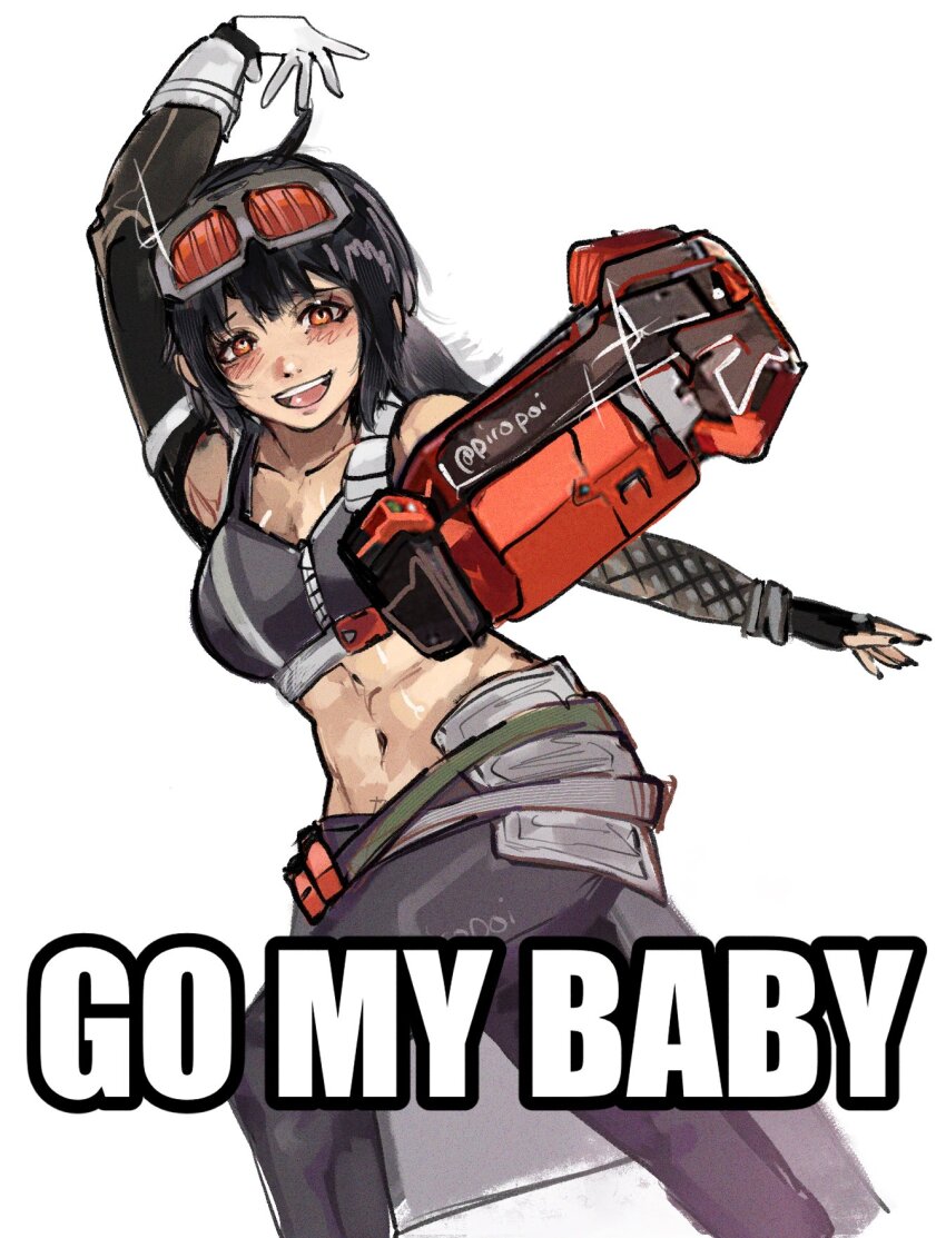 1girl :d arm_up bare_shoulders black_gloves black_hair crop_top explosive feet_out_of_frame gloves grace_howard grenade grey_pants highres leggings long_hair looking_at_viewer midriff navel open_mouth orange_eyes pants piro_(piropoi) simple_background smile solo sports_bra standing stomach white_background white_gloves zenless_zone_zero