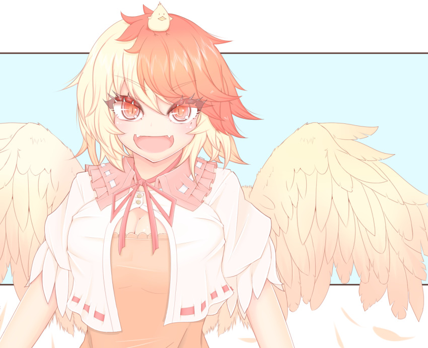 1girl :d animal animal_on_head bird blonde_hair breasts chick cleavage commentary_request cube85 dress fangs feathered_wings frilled_shirt_collar frills large_breasts looking_at_viewer multicolored_hair neck_ribbon niwatari_kutaka on_head open_mouth orange_dress partial_commentary puffy_short_sleeves puffy_sleeves red_eyes red_hair ribbon short_hair short_sleeves skin_fangs smile solo touhou two-tone_hair upper_body v-shaped_eyebrows wings yellow_wings