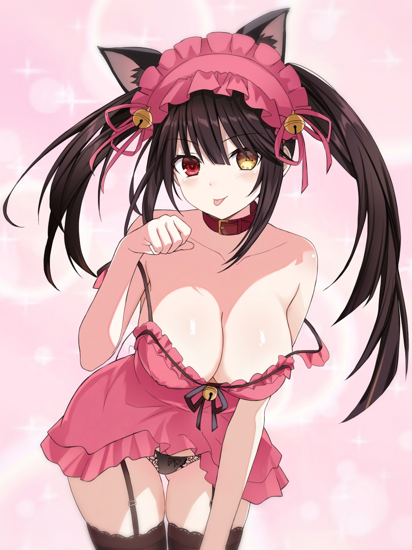 1girl :p alternate_breast_size animal_ears asymmetrical_hair bare_shoulders bell black_hair black_panties black_thighhighs breasts cat_ears cat_girl cleavage clock_eyes collar collarbone date_a_live frilled_hairband frills hairband hand_up heterochromia highres jingle_bell large_breasts lingerie panties paw_pose pink_background red_collar red_eyes saint_laurent_paris solo strap_slip symbol-shaped_pupils thighhighs tokisaki_kurumi tongue tongue_out twintails underwear yellow_eyes