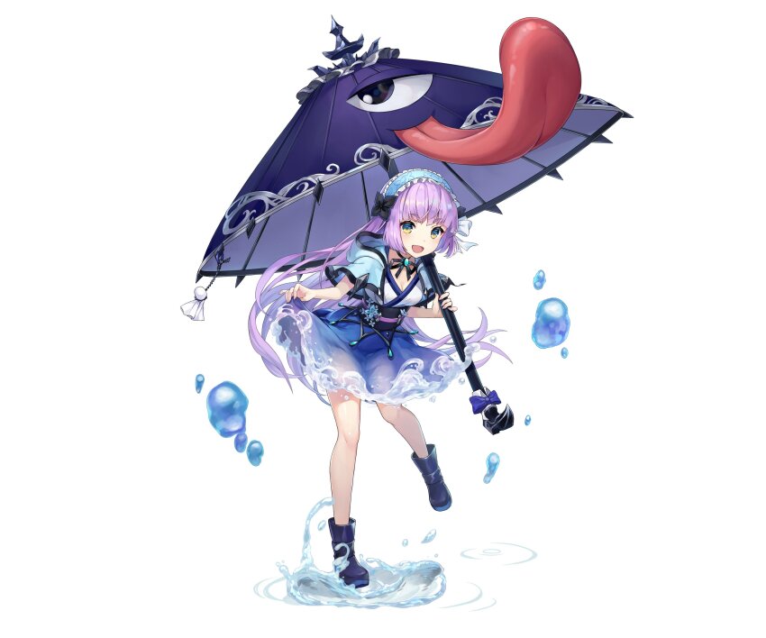 1girl :d absurdres ame_onna_(ragnador) aqua_hairband aqua_hood blue_eyes blue_footwear blue_skirt boots breasts cleavage full_body hairband highres holding holding_umbrella hood hood_down karakasa_obake lifting_own_clothes long_hair official_art open_mouth purple_hair ragnador ripples second-party_source skirt smile solo standing standing_on_one_leg teruterubouzu tongue tongue_out two-tone_eyes umbrella very_long_hair water yellow_eyes