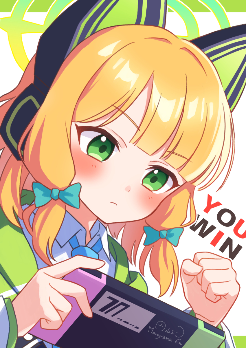 1girl animal_ear_headphones animal_ears aqua_bow artist_name blonde_hair blue_archive blue_necktie blush border bow cat_ears clenched_hand closed_mouth english_text fake_animal_ears green_border green_eyes green_halo green_jacket halo handheld_game_console headphones highres holding holding_handheld_game_console jacket light_frown looking_at_object maruyama_en midori_(blue_archive) necktie nintendo_switch open_clothes open_jacket shirt sidelocks signature simple_background solo upper_body white_background white_shirt