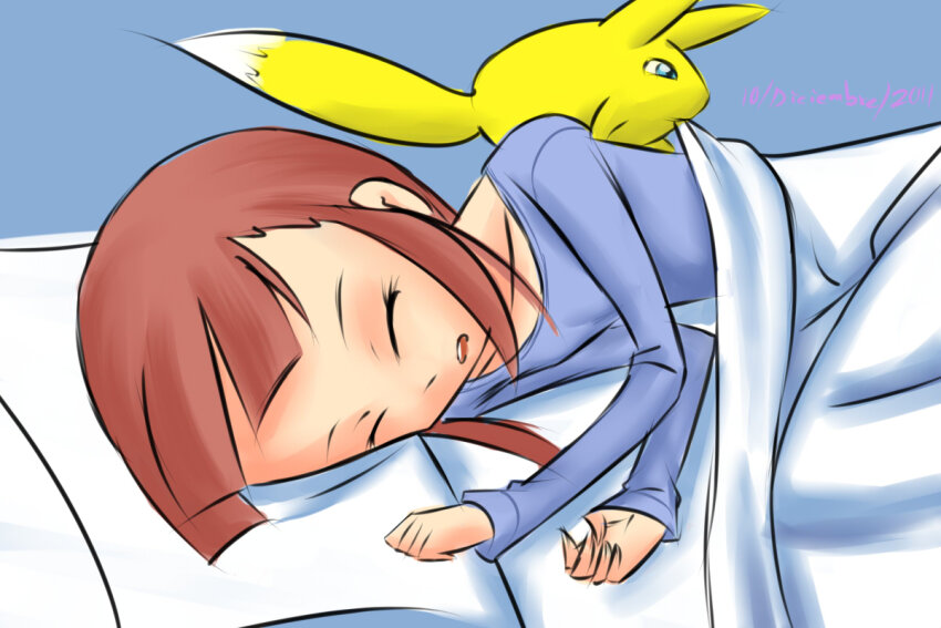 1girl 1other animal bed blanket blue_eyes blue_shirt brown_hair closed_eyes collarbone digimon digimon_(creature) digimon_tamers drantyno fox long_hair long_sleeves lying makino_ruki pokomon_(digimon) shirt sleeping tail yellow_fur