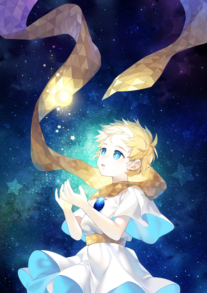 1boy absurdres blonde_hair blue_eyes brown_scarf commentary english_commentary fate/requiem fate_(series) glowing hands_up highres looking_away looking_up male_focus may_(2747513627) parted_lips scarf short_sleeves solo star_(symbol) tunic voyager_(fate) voyager_(first_ascension)_(fate) white_tunic wide_sleeves