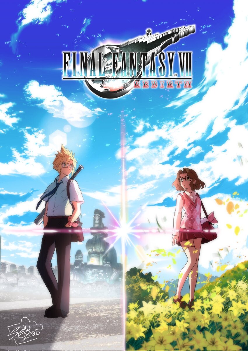 1boy 1girl aerith_gainsborough artist_name baseball_bat cloud_strife final_fantasy final_fantasy_vii final_fantasy_vii_remake glasses hands_in_pockets highres kimi_no_na_wa. movie_poster roisin round_eyewear school_uniform signature