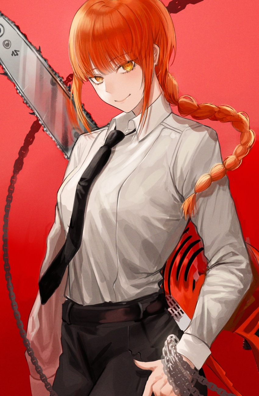 1girl black_pants blunt_bangs braid chain chainsaw chainsaw_man formal_clothes high-waist_pants highres isobe47 makima_(chainsaw_man) necktie pants red_background red_hair shirt sidelocks simple_background single_braid smile solo standing suit white_shirt yellow_eyes