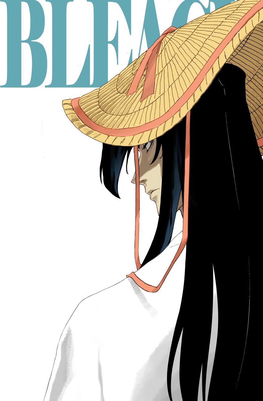 1boy absurdres ajirogasa black_hair bleach bleach:_sennen_kessen-hen blue_eyes close-up closed_mouth commentary copyright_name english_commentary from_behind haori hat highres japanese_clothes kubo_tite_(style) long_hair looking_at_viewer looking_back male_focus nose official_style outogawa_furuoki pedrozox2093 profile sideways_glance simple_background solo straight_hair taichou_haori white_background