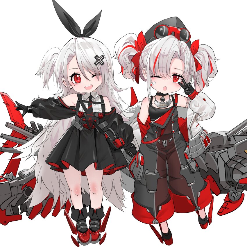 2girls absurdres aged_down azur_lane black_sleeves child coat cross_hair_ornament detached_sleeves dishwasher1910 fur-trimmed_jacket fur_trim goggles goggles_on_head hair_ornament hair_ribbon highres jacket long_hair long_sleeves looking_at_viewer mole mole_under_eye multicolored_hair multiple_girls open_mouth pleated_skirt prinz_adalbert_(azur_lane) prinz_heinrich_(azur_lane) red_eyes ribbed_shirt ribbon shirt skirt smile streaked_hair v_over_eye very_long_hair white_hair