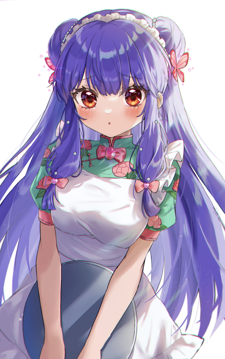 1girl absurdres apron blush bow butterfly_hair_ornament china_dress chinese_clothes cowboy_shot double_bun dress hair_bow hair_bun hair_ornament highres holding holding_tray long_hair looking_at_viewer orange_eyes pink_bow purple_hair ranma_1/2 shampoo_(ranma_1/2) shinzousan sidelocks solo tray